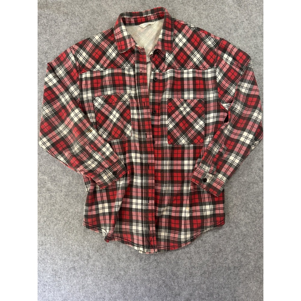 Time and Tru Plaid Button Down Shirt Medium Red Black White Soft Brushed Flannel